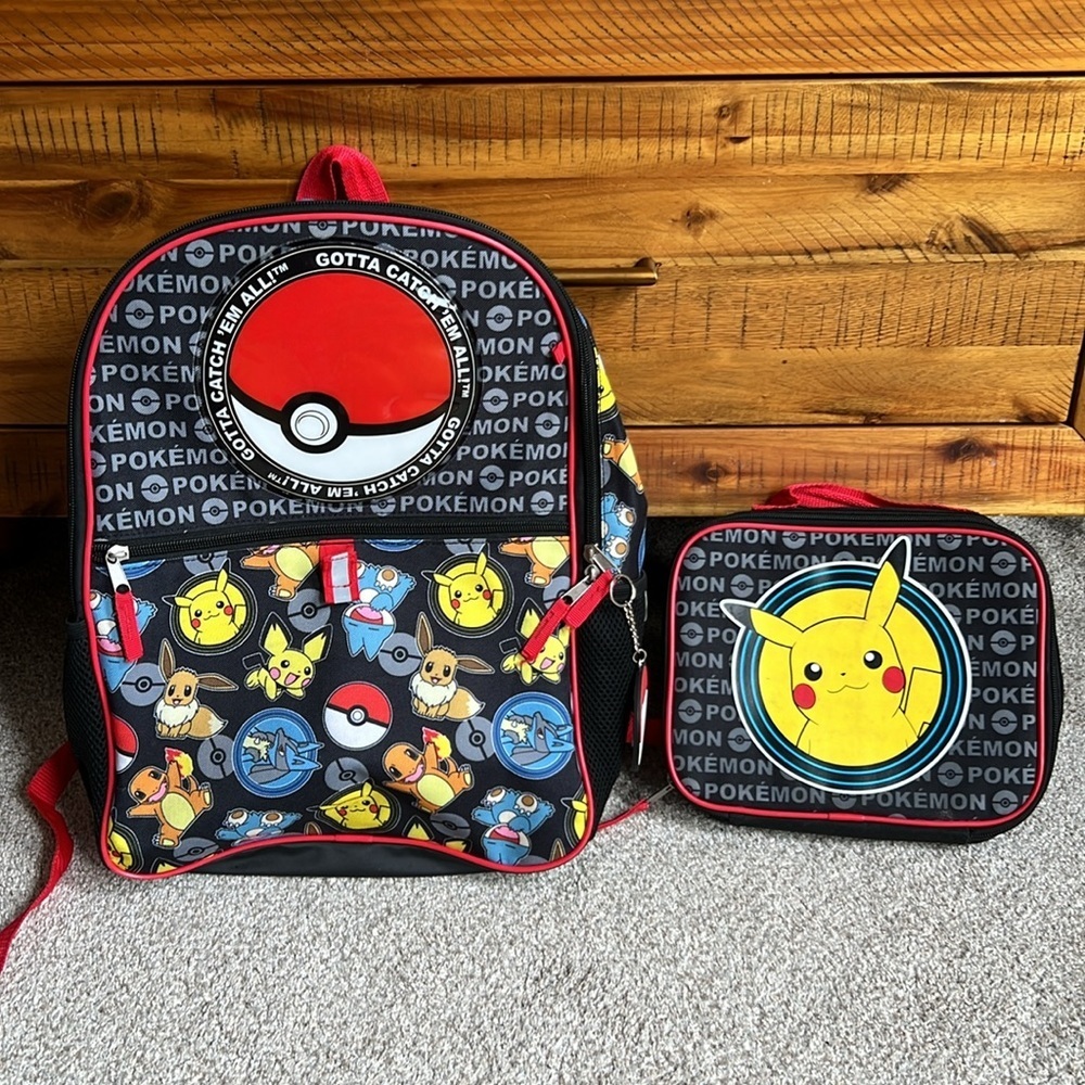 Pokemon Kids Backpack and Lunchbox Set - Black and Red